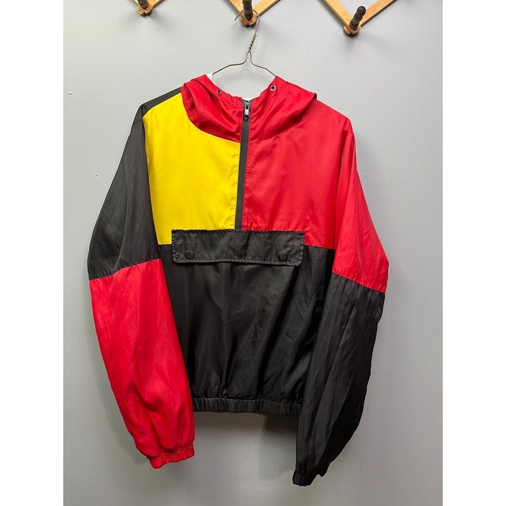 Redfox Windbreaker Mens L Red‎ Yellow Black Colorblock Half-Zip Hooded Anorak